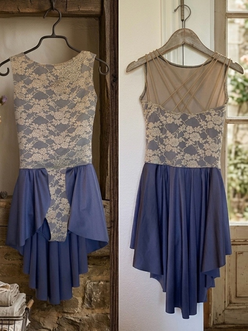 Dance Dress Lace Bodice Asymmetric Skirt Dress in Dusty Blue & Ivory
